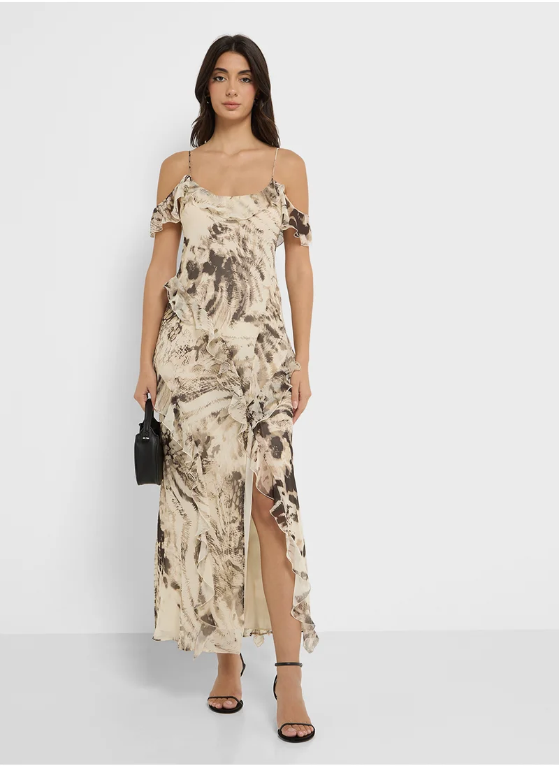 مانجو Animal-Print Ruffled Dress