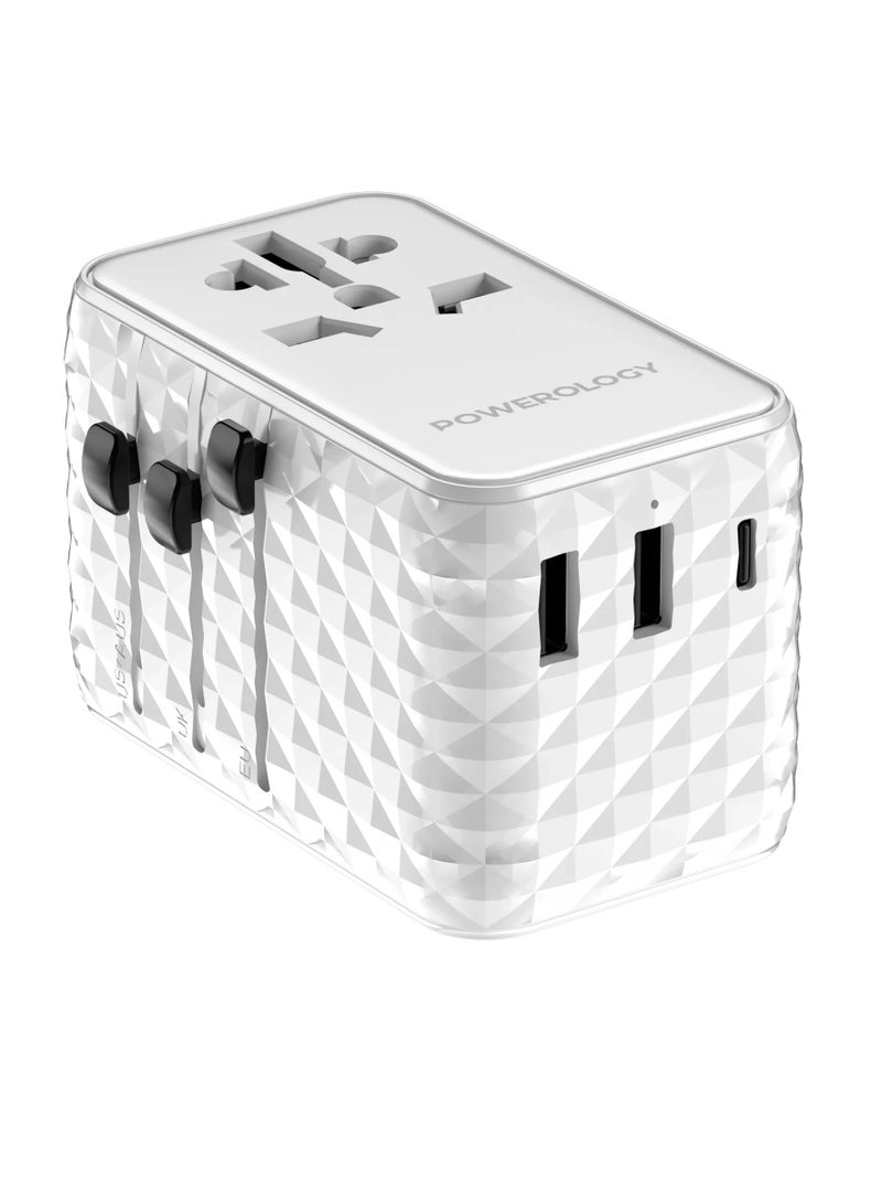 Powerology Universal Adapter with Retractable Type-C Cable and 20W Type-C Port and 2xUSB-A 15W Port / GaN Technology / Built-In Safeguard / Simultaneous Charging - White  - Image 1