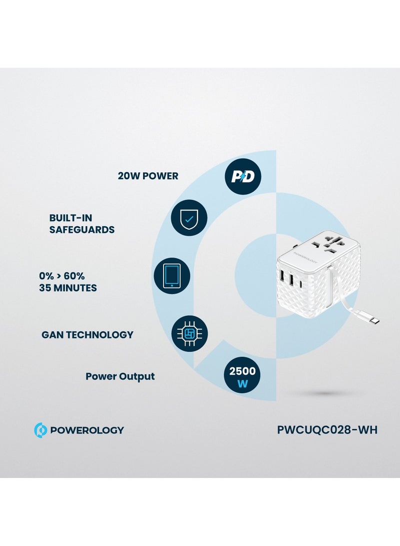 Powerology Universal Adapter with Retractable Type-C Cable and 20W Type-C Port and 2xUSB-A 15W Port / GaN Technology / Built-In Safeguard / Simultaneous Charging - White  - Image 2