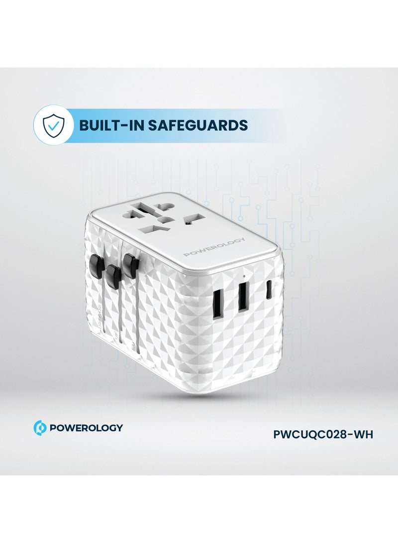 Powerology Universal Adapter with Retractable Type-C Cable and 20W Type-C Port and 2xUSB-A 15W Port / GaN Technology / Built-In Safeguard / Simultaneous Charging - White  - Image 4