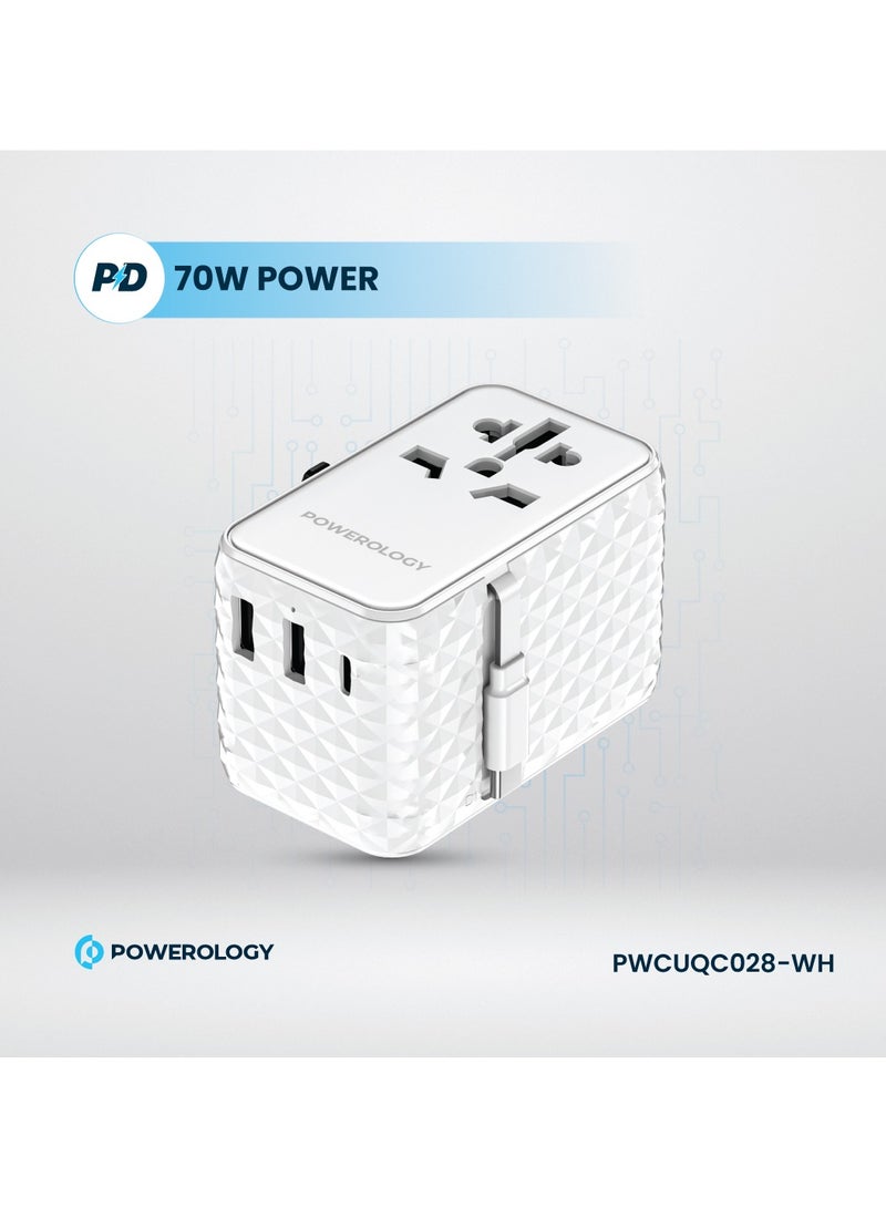 Powerology Universal Adapter with Retractable Type-C Cable and 20W Type-C Port and 2xUSB-A 15W Port / GaN Technology / Built-In Safeguard / Simultaneous Charging - White  - Image 3