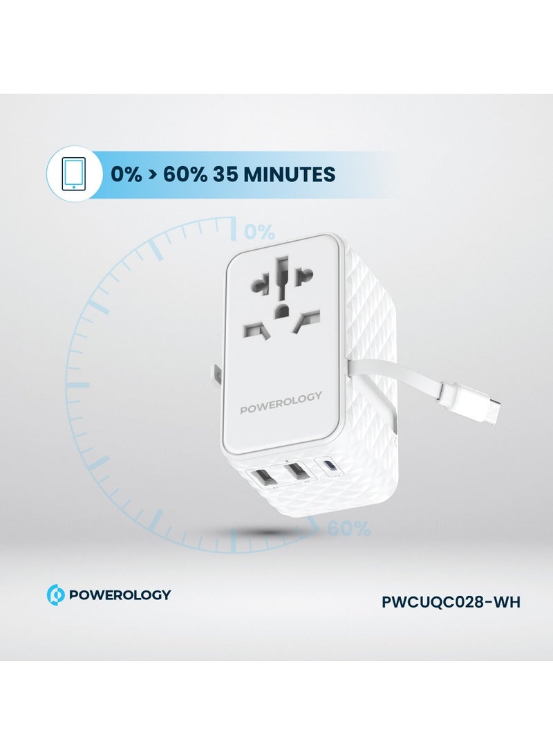 Powerology Universal Adapter with Retractable Type-C Cable and 20W Type-C Port and 2xUSB-A 15W Port / GaN Technology / Built-In Safeguard / Simultaneous Charging - White  - Image 5