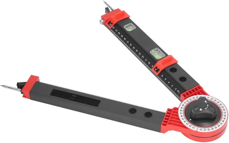Miter Saw Protractor Metal Angle Measurement Finder Gauge, Cutting Angle Guide Tool with Bubble Level, Engraved Scale for Woodworking, Includes Scribing Needles (Black Red) - Image 3