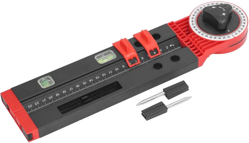 Miter Saw Protractor Metal Angle Measurement Finder Gauge, Cutting Angle Guide Tool with Bubble Level, Engraved Scale for Woodworking, Includes Scribing Needles (Black Red) - Image 1