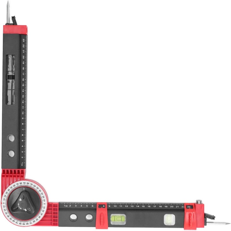 Miter Saw Protractor Metal Angle Measurement Finder Gauge, Cutting Angle Guide Tool with Bubble Level, Engraved Scale for Woodworking, Includes Scribing Needles (Black Red) - Image 2