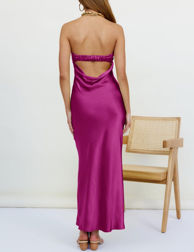 MEROKEETY Women 2024 Summer Strapless Satin Tube Bodycon Backless Wedding Guest Maxi Dress Eggplant Small - Image 3