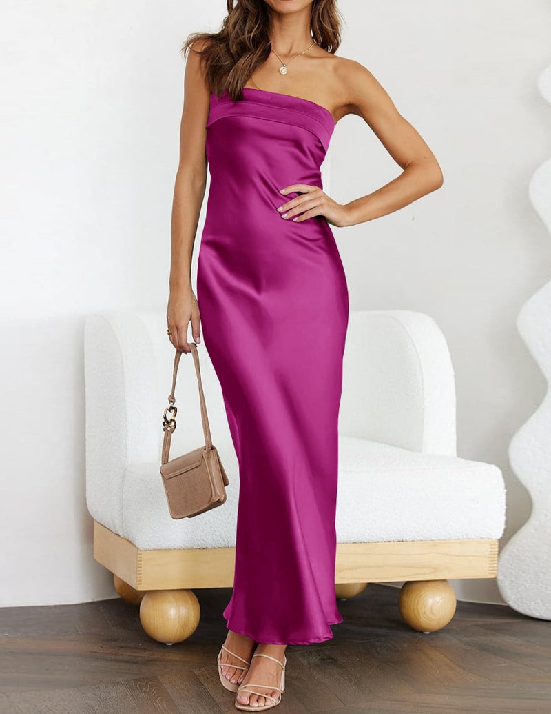 MEROKEETY Women 2024 Summer Strapless Satin Tube Bodycon Backless Wedding Guest Maxi Dress Eggplant Small - Image 2