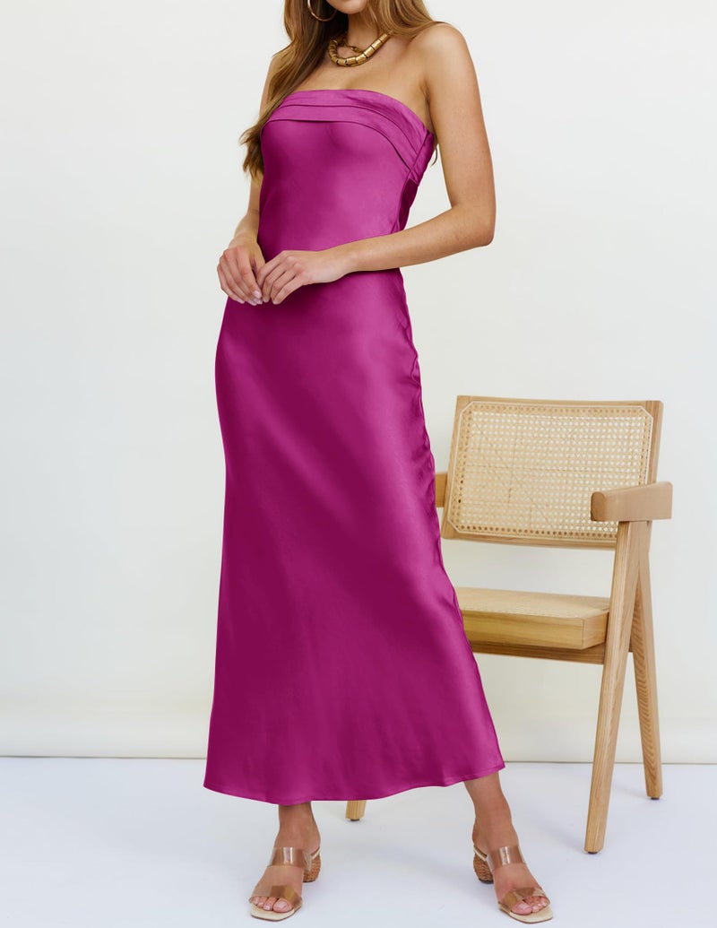 MEROKEETY Women 2024 Summer Strapless Satin Tube Bodycon Backless Wedding Guest Maxi Dress Eggplant Small - Image 4