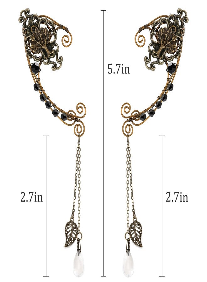 FRESHME Renaissance Fairy Elf Ear Cuffs - Handmade Vintage Bronze Tree Elf Earrings with Black Crystal Non Piercing Metal Ear Clip Elven Ear Wraps for Women Christmas Halloween Renfaire Party Accessories - Image 2