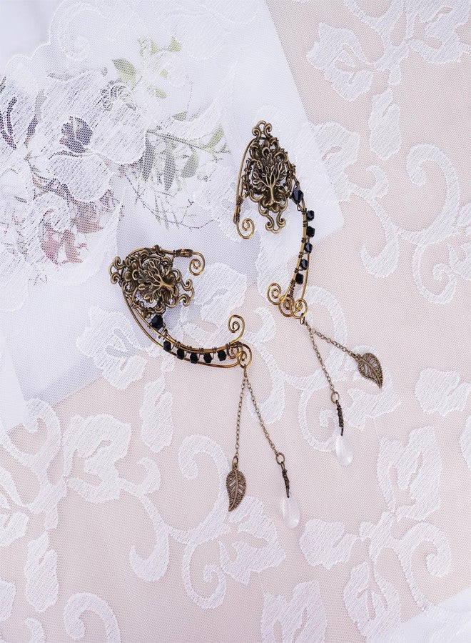 FRESHME Renaissance Fairy Elf Ear Cuffs - Handmade Vintage Bronze Tree Elf Earrings with Black Crystal Non Piercing Metal Ear Clip Elven Ear Wraps for Women Christmas Halloween Renfaire Party Accessories - Image 3
