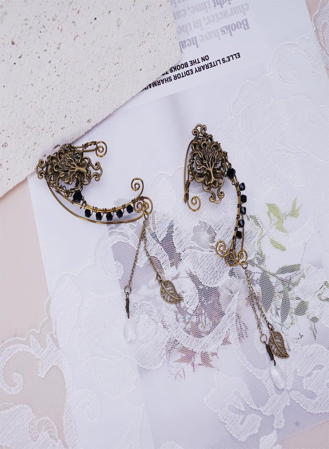 FRESHME Renaissance Fairy Elf Ear Cuffs - Handmade Vintage Bronze Tree Elf Earrings with Black Crystal Non Piercing Metal Ear Clip Elven Ear Wraps for Women Christmas Halloween Renfaire Party Accessories - Image 5