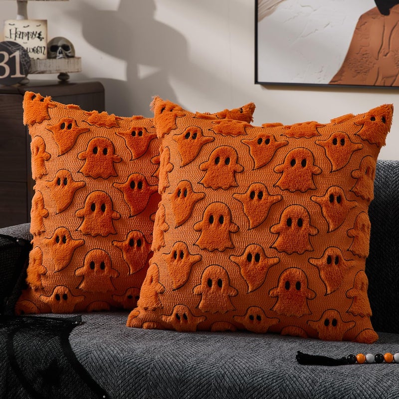 DFXSZ Halloween Pillow Covers 18x18 inch Set of 2 Orange White Ghost Throw Pillow Cases Soft Plush Faux Fur Wool Couch Cushion Case for Chair Sofa Bedroom Living Room Home Decor PTK03K18 - Image 2