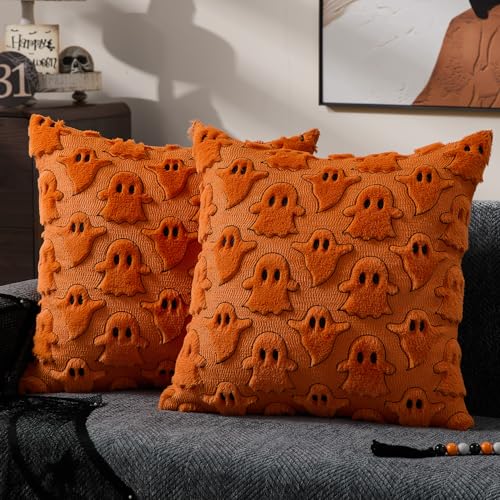 DFXSZ Halloween Pillow Covers 18x18 inch Set of 2 Orange White Ghost Throw Pillow Cases Soft Plush Faux Fur Wool Couch Cushion Case for Chair Sofa Bedroom Living Room Home Decor PTK03K18 - Image 1