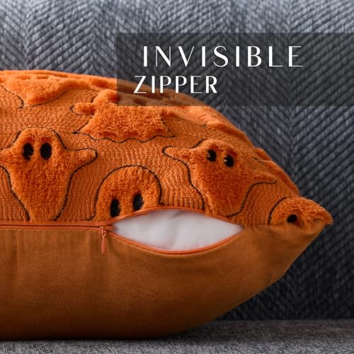 DFXSZ Halloween Pillow Covers 18x18 inch Set of 2 Orange White Ghost Throw Pillow Cases Soft Plush Faux Fur Wool Couch Cushion Case for Chair Sofa Bedroom Living Room Home Decor PTK03K18 - Image 3