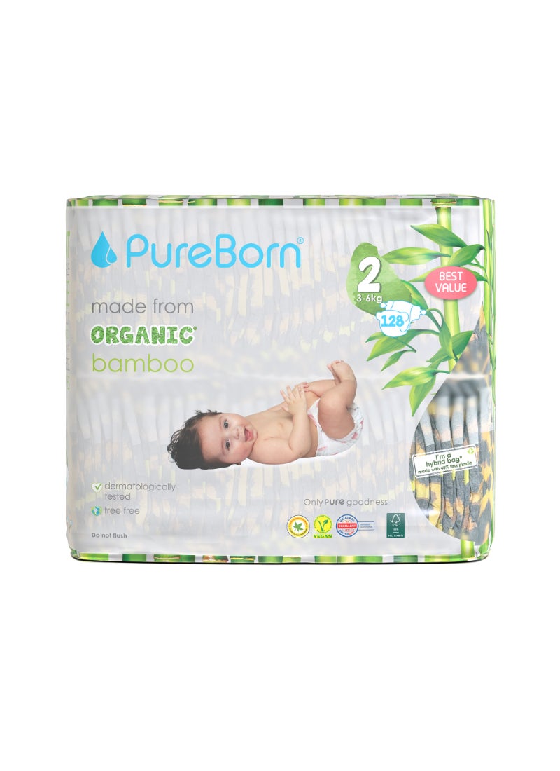 PureBorn حفاضات أطفال عضوية على شكل شريط حجم-2 3-6 كجم بنمط الفهد - Image 1