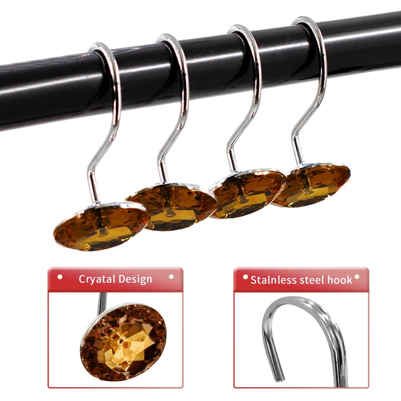 Gibelle Shower Curtain Hooks, Diamond Shaped Shower Curtain Rings Hooks for Bathroom Curtains Rod, Acrylic Decorative Rhinestones Bling Rolling Bathroom Accessories Set of 12, Brown - Image 2