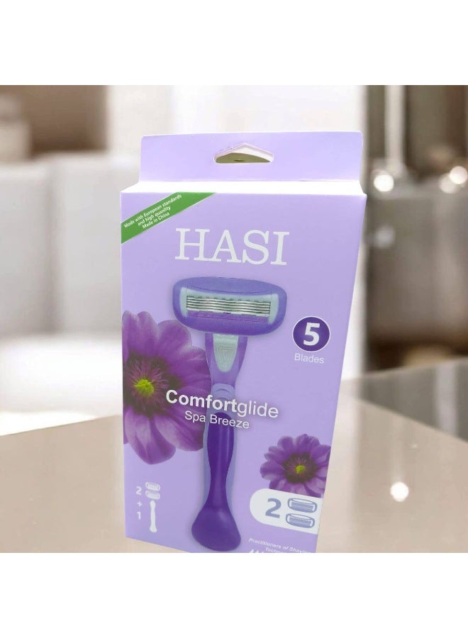 HASI Razor For Women, Pivoted Head, Comfortglide Spa Breeze, Five Blade, 1 Piece + 2 Blades