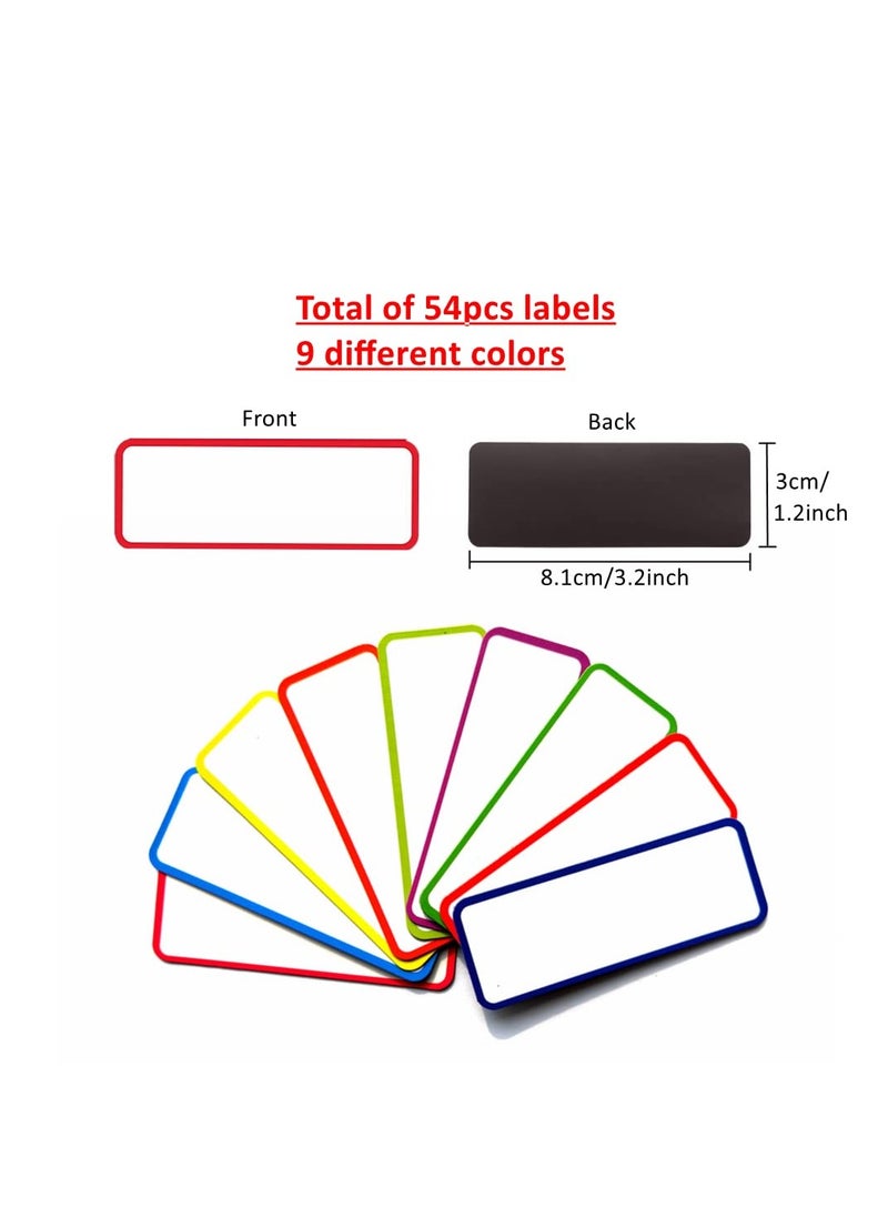 54pcs Magnetic Dry Erase Labels, Reusable Name Tags Magnets for Students Classroom, 9 Color Magnetic Name Plate for Whiteboard Refrigerator Shelving School Bus 3.2"x1.2" Each-Color Border