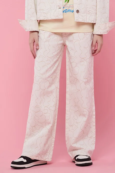 R&B Printed Wide Leg Pants with Button Closure