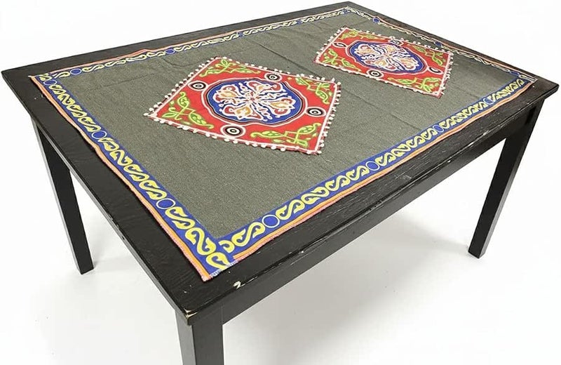 Khayami Heavy Dam Fabric Ethnic Table Runner, Olive Color with Elegant Ramadan Design, Luxury Home Decor