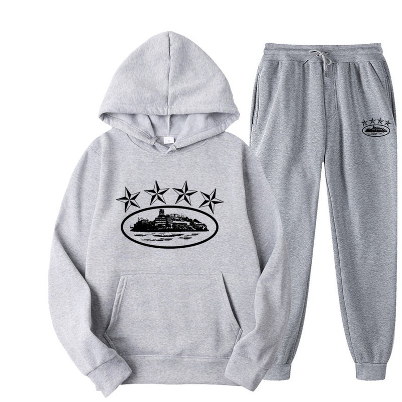 Cross-border Foreign Trade Corteiz Trendy Street Loose suit Womens Hip-hop Skateboard Five-pointed Star Magic Island Fashion Sweatshirt Light gray 