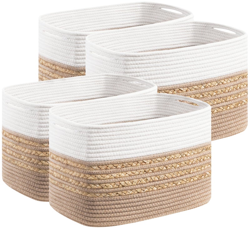 UBBCARE 4 Pack Baskets for Organizing, Woven Storage Baskets for Toys and Towel, Rectangle Cotton Rope Basket with Handles, 14''L x 8''W x9''H, Brown - Image 1