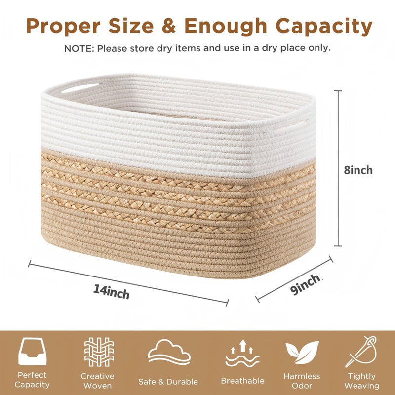 UBBCARE 4 Pack Baskets for Organizing, Woven Storage Baskets for Toys and Towel, Rectangle Cotton Rope Basket with Handles, 14''L x 8''W x9''H, Brown - Image 2