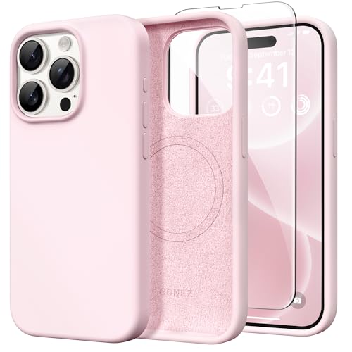 GONEZ Magnetic for iPhone 15 Pro Case, [Compatible with MagSafe] Anti-Scratch Microfiber Lining & Screen Protector, Shockproof Slim Phone Silicone Cover 6.1 inch, Chalk Pink - Image 1