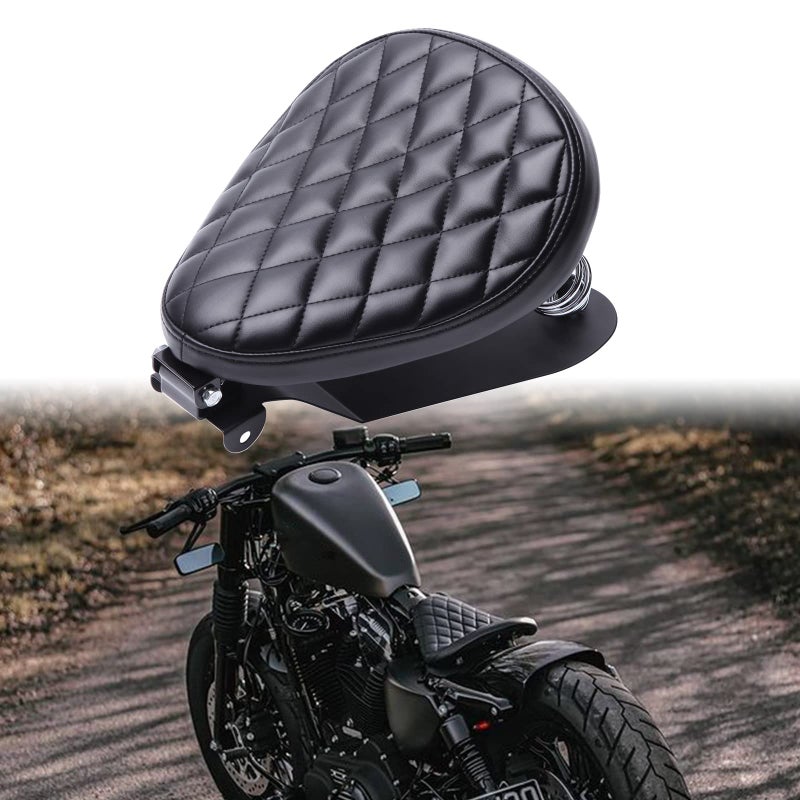 DREAMIZER Motorcycle Seat Cushion Driver Solo Seats with Spring Bracket PU Leather Compatible with Harley Honda Yamaha Kawasaki Sportster Iron 883 1200 Chopper Bobber Cafe Racer - Image 1