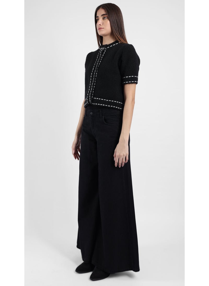 KYVELi Women’s Short-Sleeve Textured Button-Front Knit Top – Black - Image 3