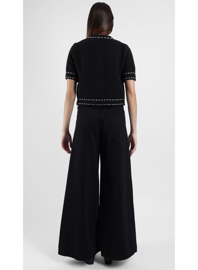 KYVELi Women’s Short-Sleeve Textured Button-Front Knit Top – Black - Image 5