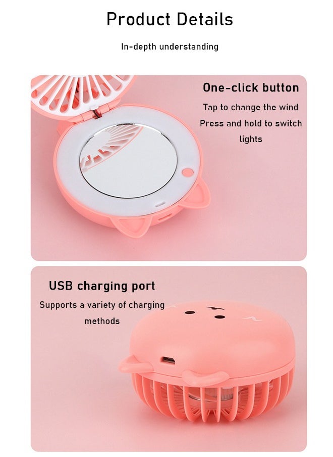 Generic - Pink Mini Folding Fan, Portable USB Charging Small Fan with LED Fill Light + Mirror, Multi-Functional Cartoon Mini Handheld Electric Fan, 500mAh Desktop Electric Fan with 3 Speed Wind & Soft Lighting - Image 1