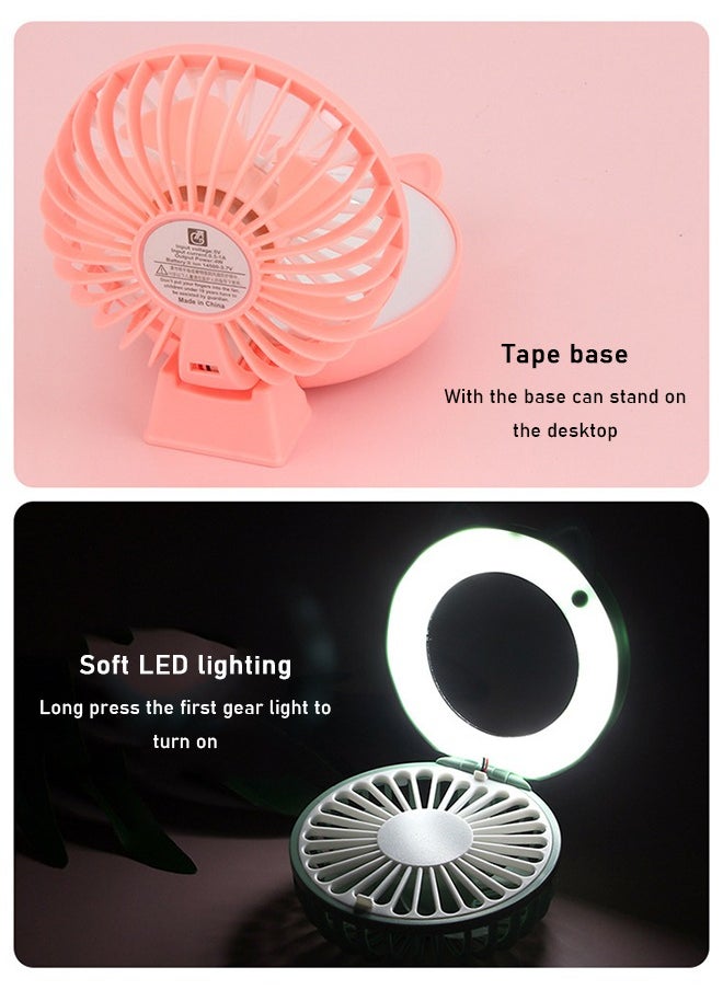 Generic - Pink Mini Folding Fan, Portable USB Charging Small Fan with LED Fill Light + Mirror, Multi-Functional Cartoon Mini Handheld Electric Fan, 500mAh Desktop Electric Fan with 3 Speed Wind & Soft Lighting - Image 1