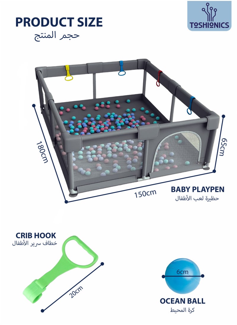 Toshionics - Baby Playpen Play Yard Fence with 50 Ocean Balls and 4 Crib Hooks Infants Kids and Toddlers Portable Play Dens Play Area Activity Center for Indoor and Outdoor Use Easy to Fold Safety Playpen Fence 180x150cm - Image 1