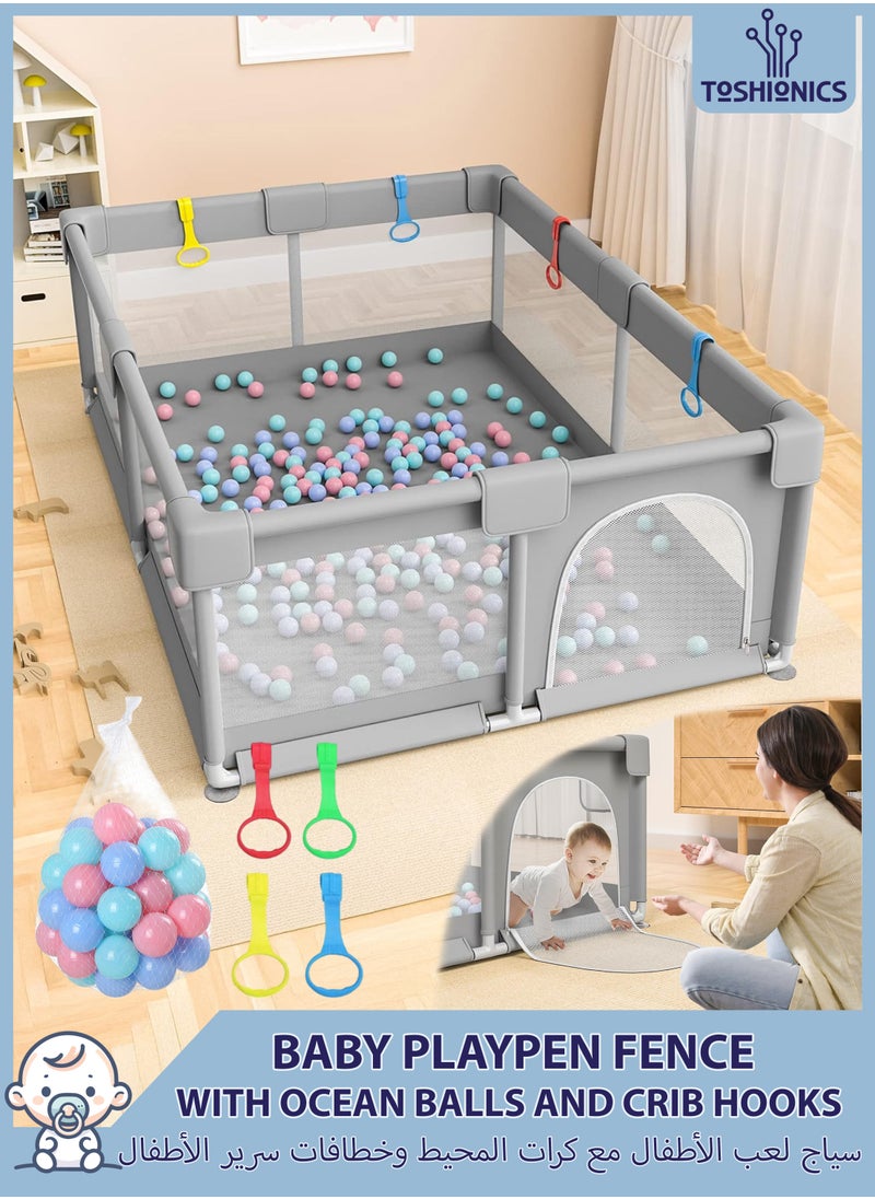 Toshionics - Baby Playpen Play Yard Fence with 50 Ocean Balls and 4 Crib Hooks Infants Kids and Toddlers Portable Play Dens Play Area Activity Center for Indoor and Outdoor Use Easy to Fold Safety Playpen Fence 180x150cm - Image 1