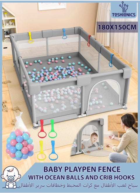 Baby Playpen with 50 Pieces Balls and 4 Baby Pull Ring Crib Hooks- 180x150cm Infant Indoor and Outdoor Kids Activity Centre Foldable Safety Fence Portable Play Dens for Kids and Toddlers Easy to Fold Play Yard, Grey