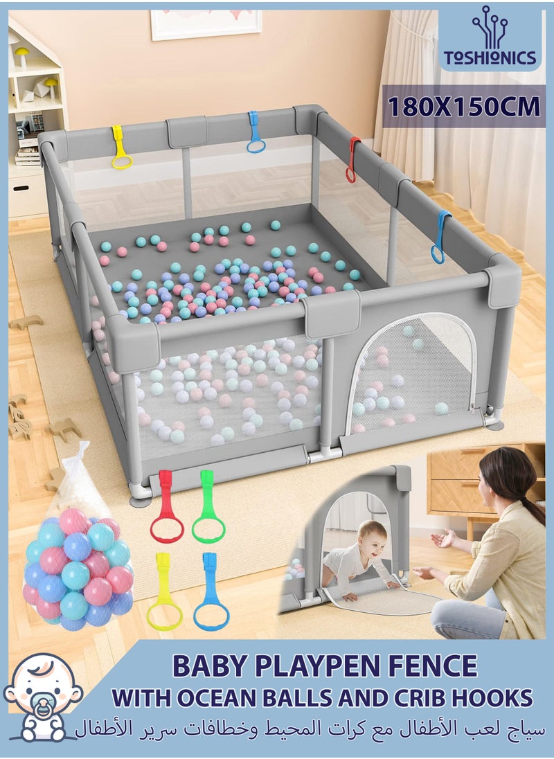 Toshionics Portable Baby Playpen with 50 Pieces Balls and 4 Baby Pull Ring Crib Hooks- 180x150cm Infant Indoor and Outdoor Kids Activity Center Foldable Safety Fence Play Dens for Kids and Toddlers Easy to Fold Play Yard, Grey  - Image 1