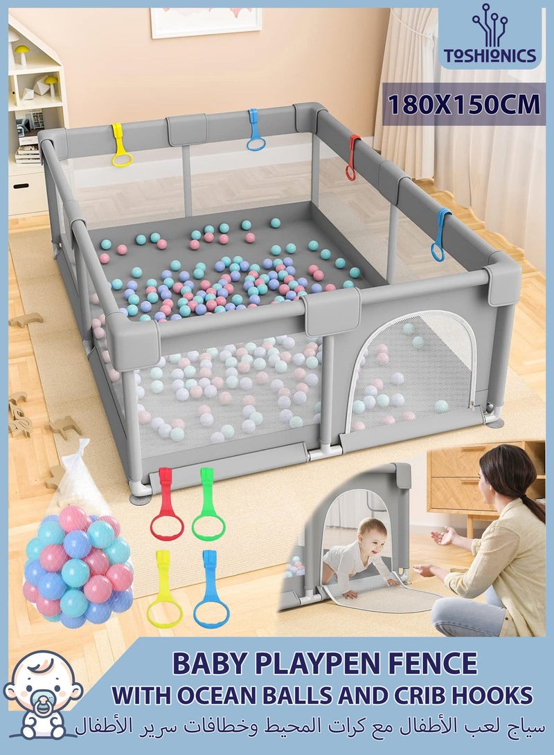 Toshionics Baby Playpen with 50 Pieces Balls and 4 Baby Pull Ring Crib Hooks- 180x150cm Infant Indoor and Outdoor Kids Activity Centre Foldable Safety Fence Portable Play Dens for Kids and Toddlers Easy to Fold Play Yard, Grey - Image 2