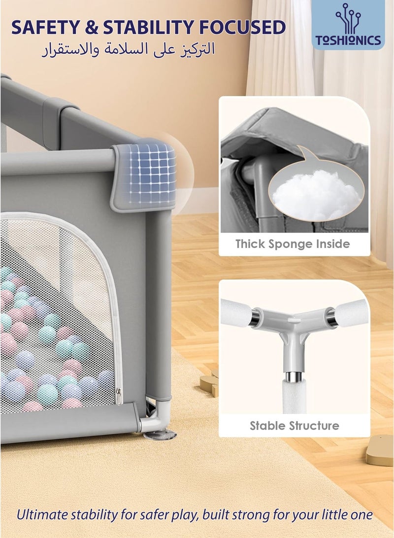 Toshionics Baby Playpen with 50 Pieces Balls and 4 Baby Pull Ring Crib Hooks- 180x150cm Infant Indoor and Outdoor Kids Activity Centre Foldable Safety Fence Portable Play Dens for Kids and Toddlers Easy to Fold Play Yard, Grey - Image 5