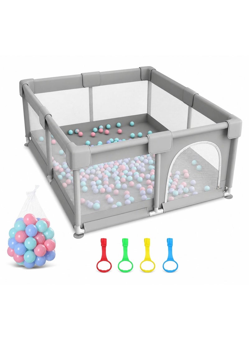 Toshionics Baby Playpen with 50 Pieces Balls and 4 Baby Pull Ring Crib Hooks- 180x150cm Infant Indoor and Outdoor Kids Activity Centre Foldable Safety Fence Portable Play Dens for Kids and Toddlers Easy to Fold Play Yard, Grey - Image 1