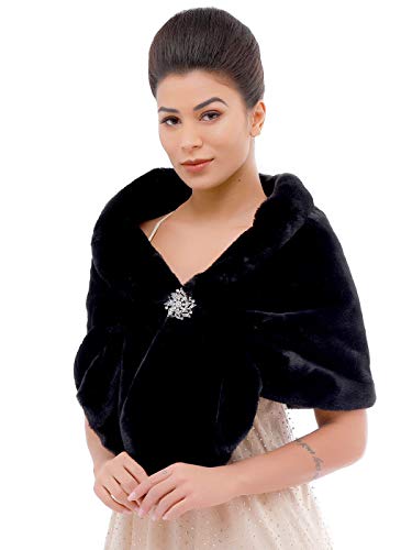 Aukmla Women's Wedding Fur Wraps and Shawls Bridal Fur Stoles Scarf with Rhinestones Brooch for Bride and Bridesmaids (Black, US 4-14 (S-M)) - Image 1