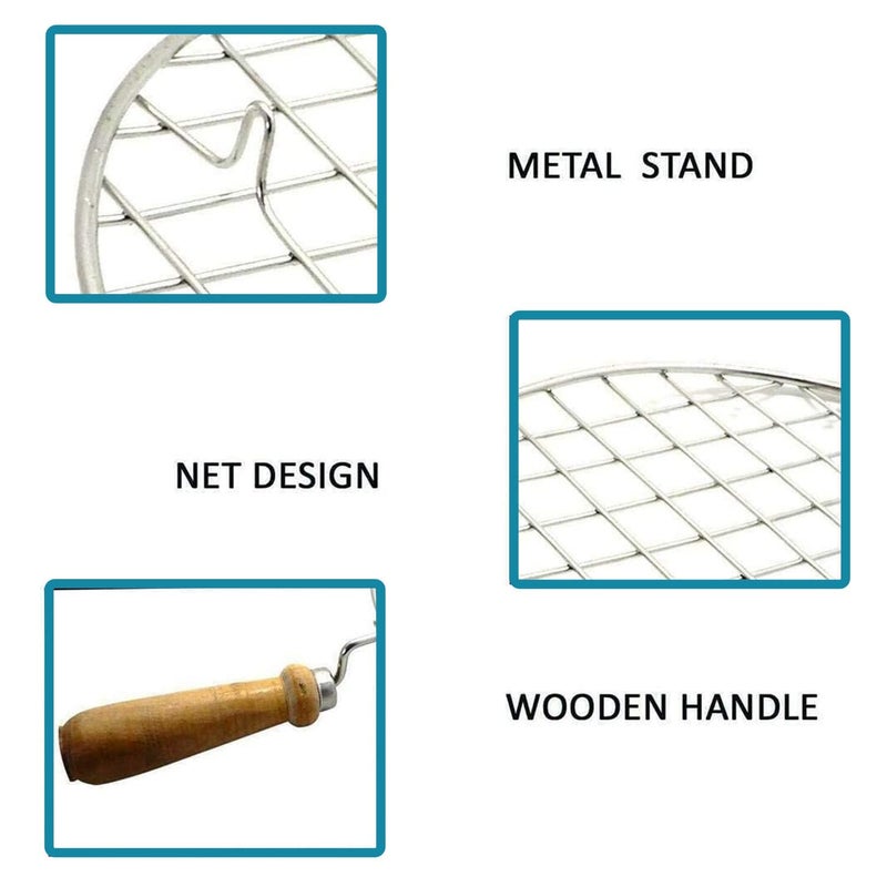 LMR3 باباد جالي مشواة مع ملعقة وملاقط، مشواة بانير، صانع روتي، مشواة جالي دائرية للشواء، مشواة تشapati بمقبض خشبي، شبكة تندور للخضروات، باقة من 3 باجن بهارتا - Image 3