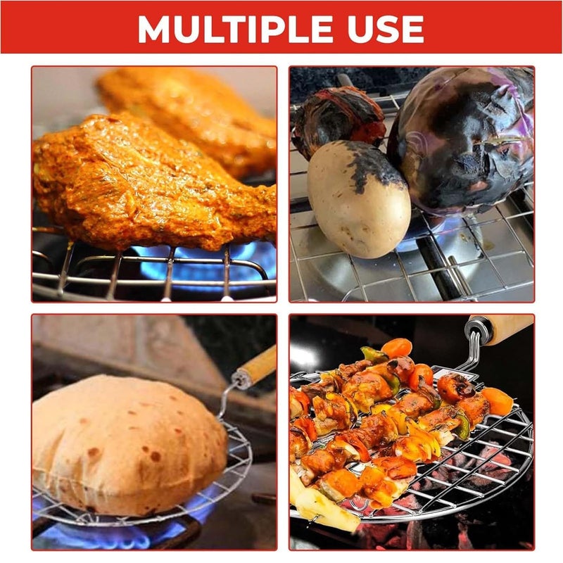 LMR3 باباد جالي مشواة مع ملعقة وملاقط، مشواة بانير، صانع روتي، مشواة جالي دائرية للشواء، مشواة تشapati بمقبض خشبي، شبكة تندور للخضروات، باقة من 3 باجن بهارتا - Image 4