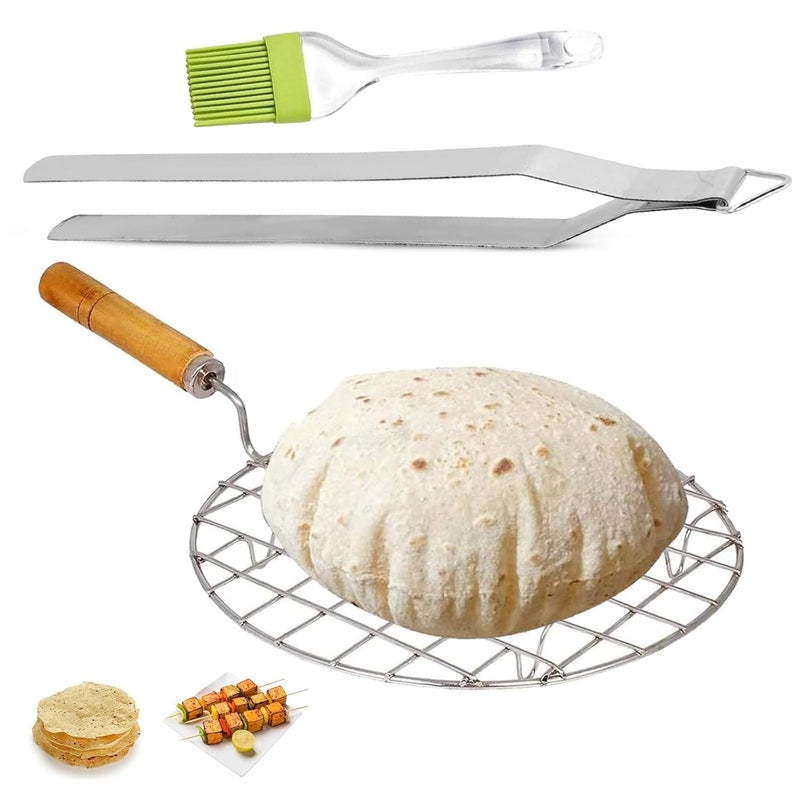 LMR3 باباد جالي مشواة مع ملعقة وملاقط، مشواة بانير، صانع روتي، مشواة جالي دائرية للشواء، مشواة تشapati بمقبض خشبي، شبكة تندور للخضروات، باقة من 3 باجن بهارتا - Image 1