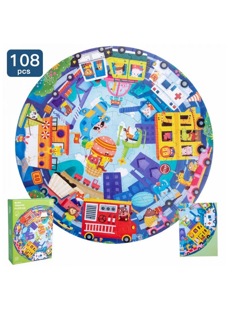 Busy Traffic Round Puzzle for Kids - 108 Educational and Fun Pieces