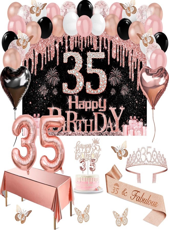 Juesly 35th Birthday Decorations for Women, 49pcs Black Rose Gold Black Happy 35th Birthday Banner, Tablecloth, Butterfly Decor, Sash and Tiara, Cake Topper, Candles, Balloons Arch - Image 1