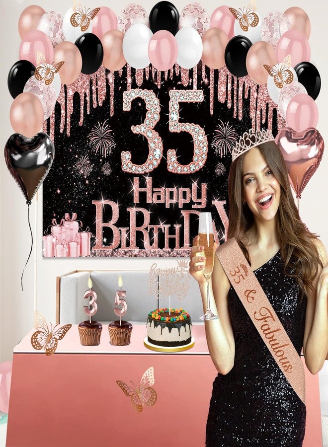 Juesly 35th Birthday Decorations for Women, 49pcs Black Rose Gold Black Happy 35th Birthday Banner, Tablecloth, Butterfly Decor, Sash and Tiara, Cake Topper, Candles, Balloons Arch - Image 2
