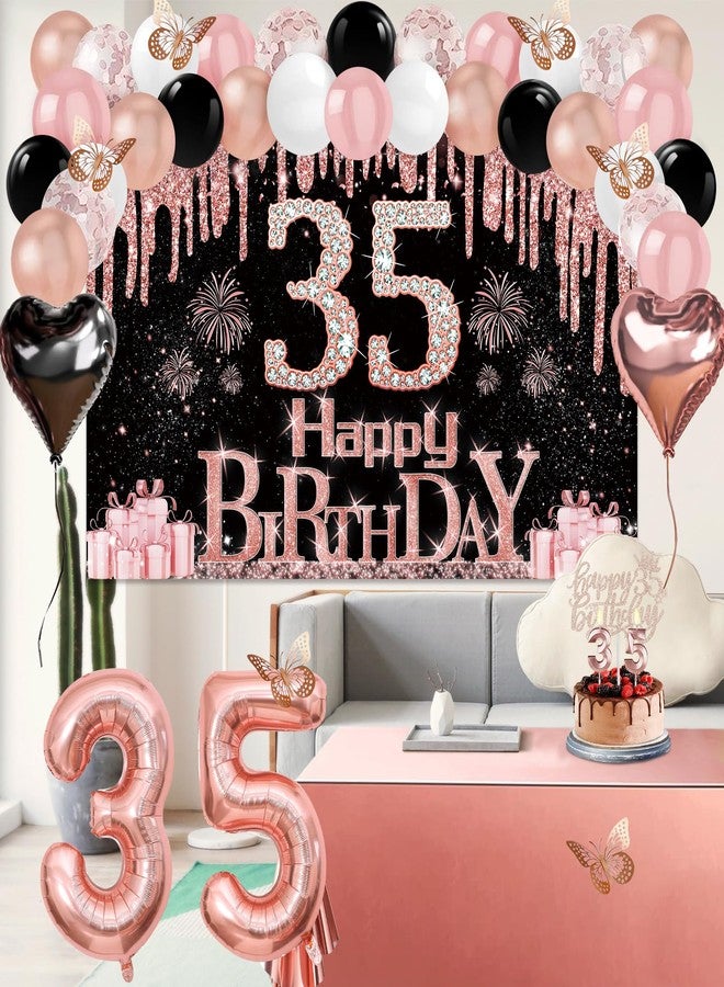 Juesly 35th Birthday Decorations for Women, 49pcs Black Rose Gold Black Happy 35th Birthday Banner, Tablecloth, Butterfly Decor, Sash and Tiara, Cake Topper, Candles, Balloons Arch - Image 5