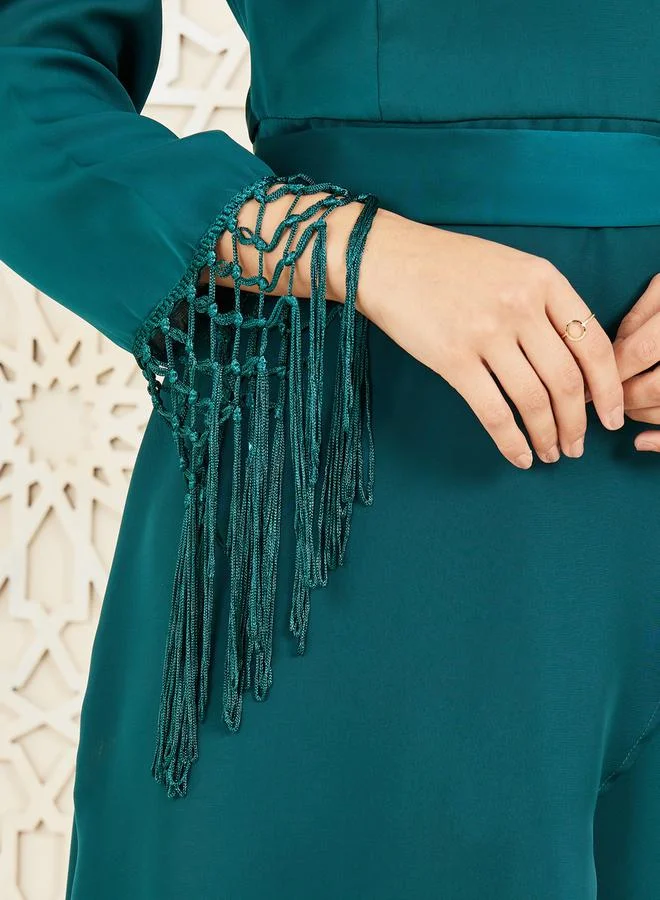 Styli Styli Tassel Trim Sleeves Asymmetric Hem Wrap Midi Dress
