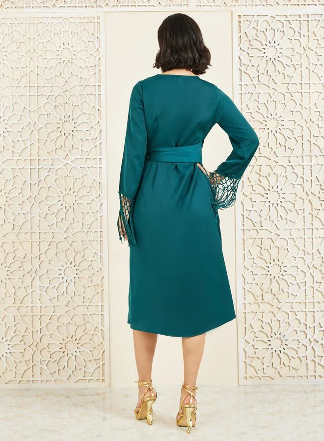 Styli Styli Tassel Trim Sleeves Asymmetric Hem Wrap Midi Dress